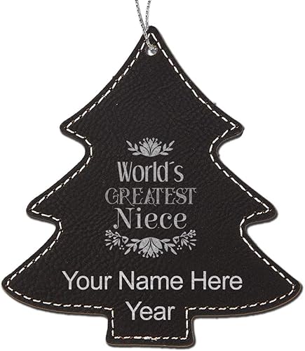 LaserGram Adorno de Navidad de piel sintética, la sobrina más grande del mundo, grabado personalizado incluido (negro con plata, árbol)