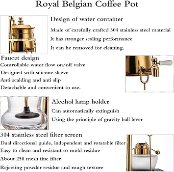 Belgian Belgium Royal Family Balance - Cafetera sifón sifón con mango en T, color dorado, 1 juego4