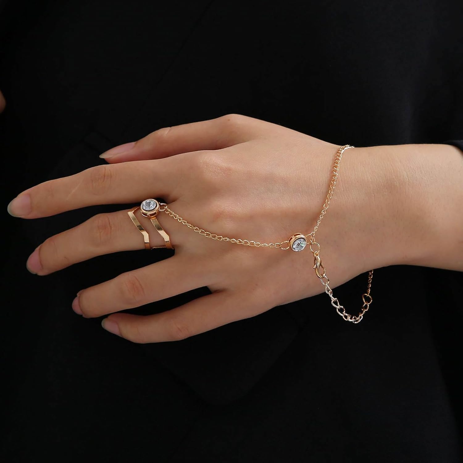 Boho Crystal V Shape Finger Ring Vintage CZ Hand Harness Chain Bracelet Gold Slave Chain Hand Bracelet Adjustable Slave Chain Bracelet Jewelry for Women - Image 5