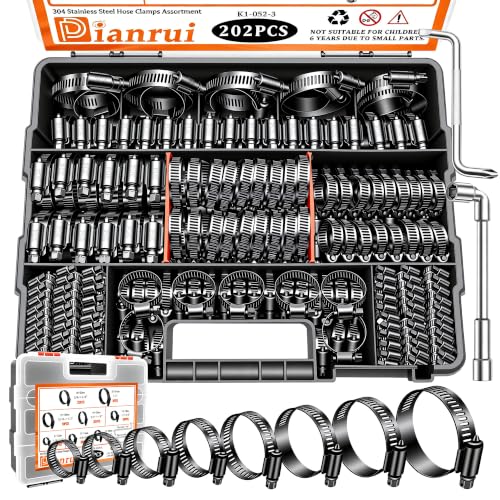Image of Dianrui 202 PCS Black Hose Clamp Assortment 1 /4 inch-2 inch(6-51mm) 304 Stainless Steel Hose Clamp Kit, Worm Gear Hose Clamps Heavy Duty for Plumbing /Tube /Automo