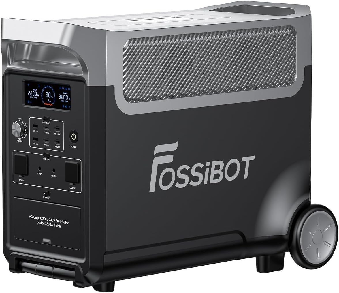 FOSSiBOT F3600 Pro Station d'alimentation portable 3840 Wh LiFePO4, générateur solaire, 3 x 230 V CA, sortie 3600 W (crête 7200 W), générateur de tempêtes, recharge rapide, pour voyage, camping en