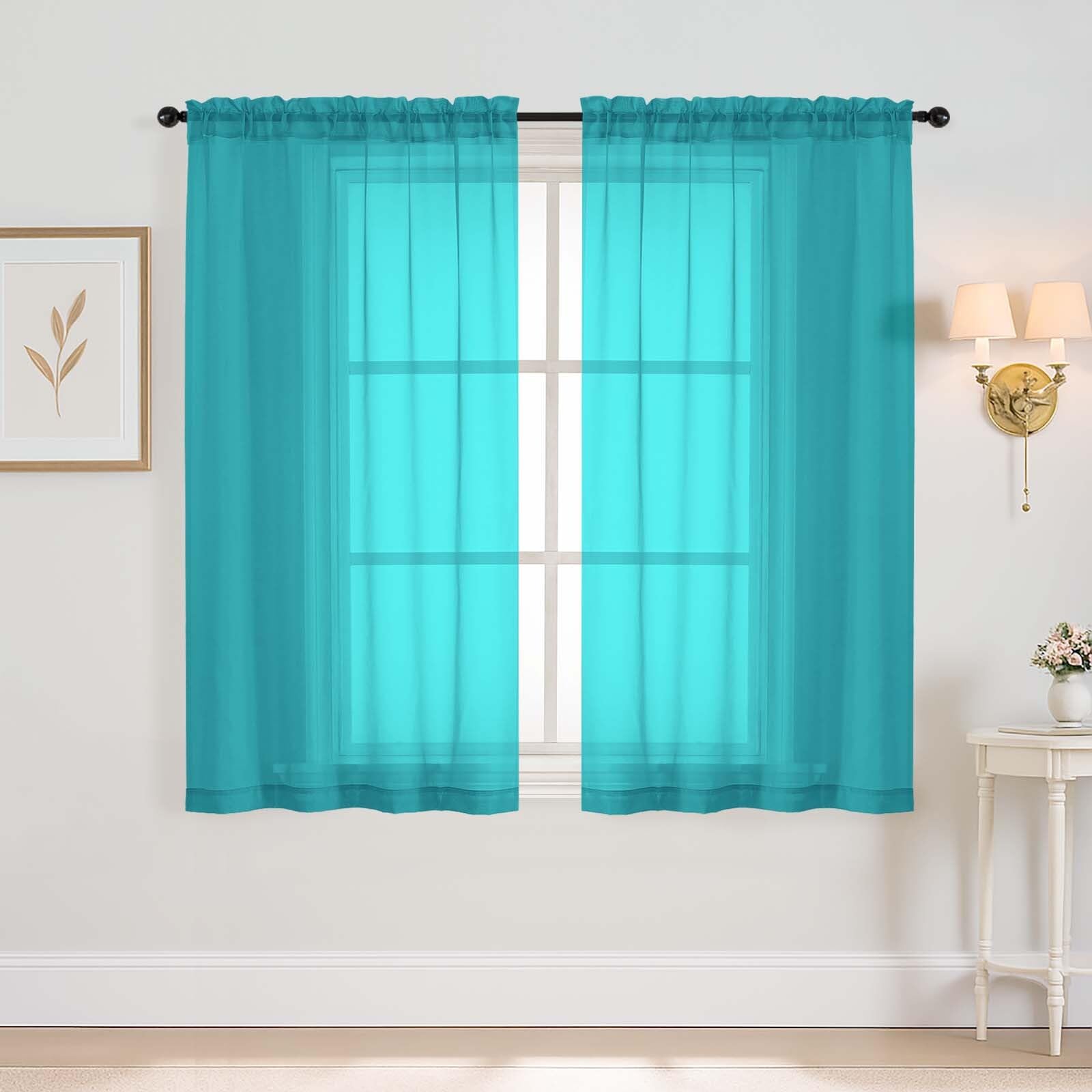 Ebesto Turquoise Window Sheer Curtains 45 Inches Length, Voile Short Curtains for Living Room Bedroom, Modern Soft Window Drapes 2 Panels Set, Top Dual Rod Pocket Design, 2x42Wx45L Inches