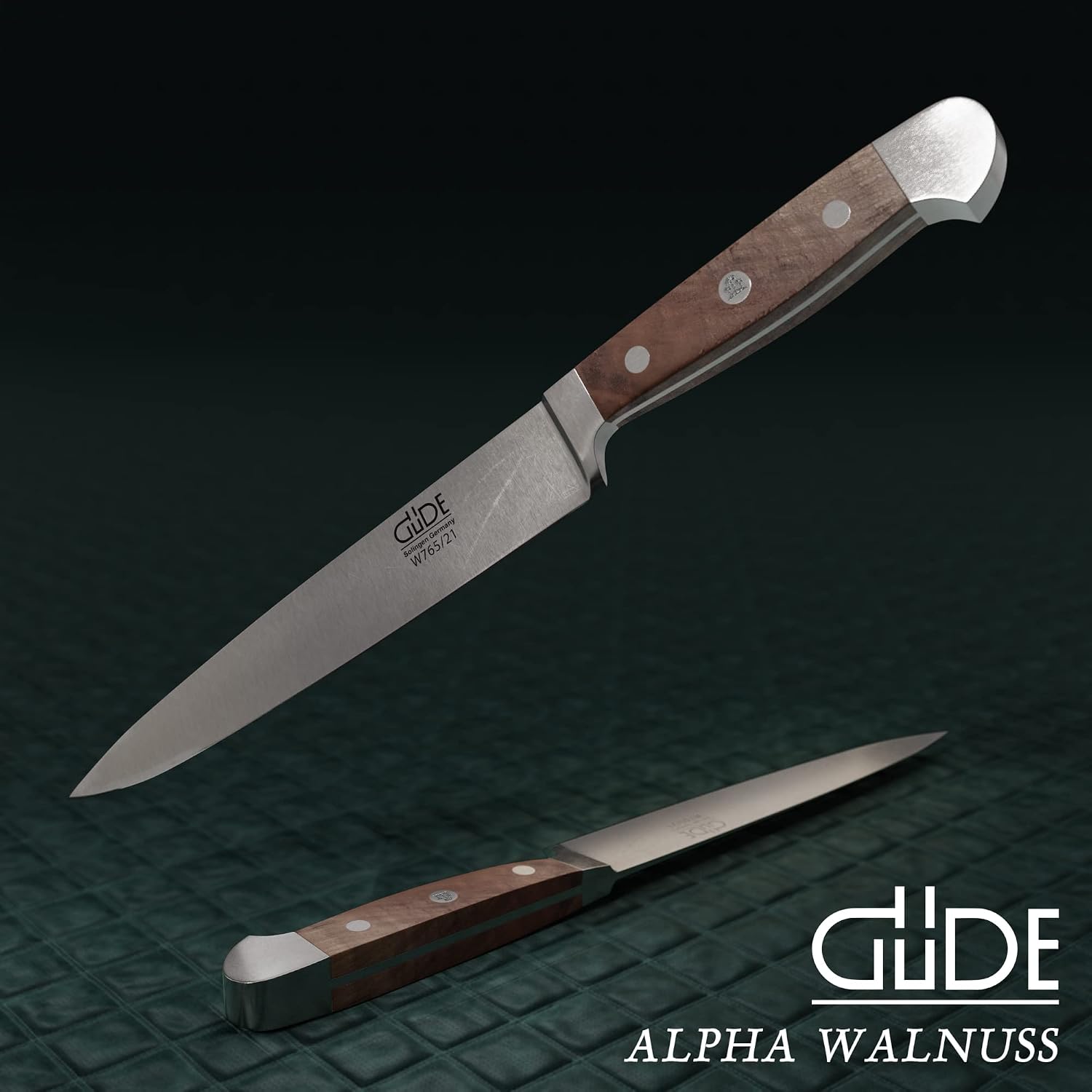 GÜDE Solingen - Hammes forged, 21 cm, walnut wood, ALPHA WALNUT, Meat knife, double bolster, Handmade Germany