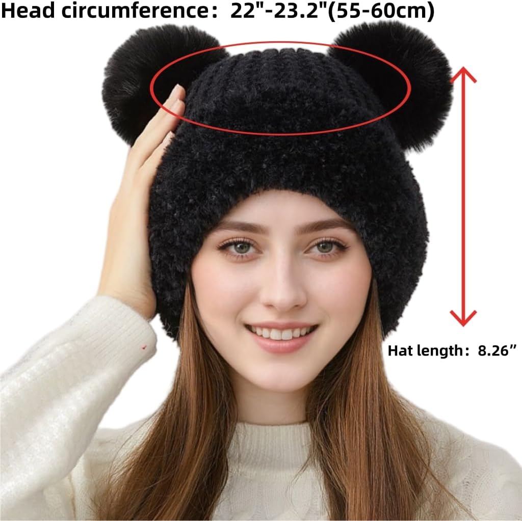 Womens Winter Knitted Beanie Hat with Double Faux Fur Pompom Fuzzy Warm Knit Ski Skull Cap for Women - Image 2