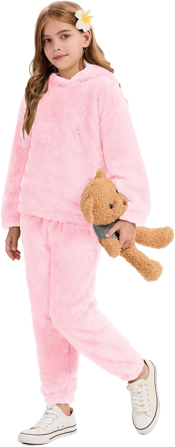 Flygo Girls Fuzzy Pants Set Crop Hoodie Bear Ear Two Piece Outfits Fluffy Sweatshirt and Fleece Pants Sweatsuit