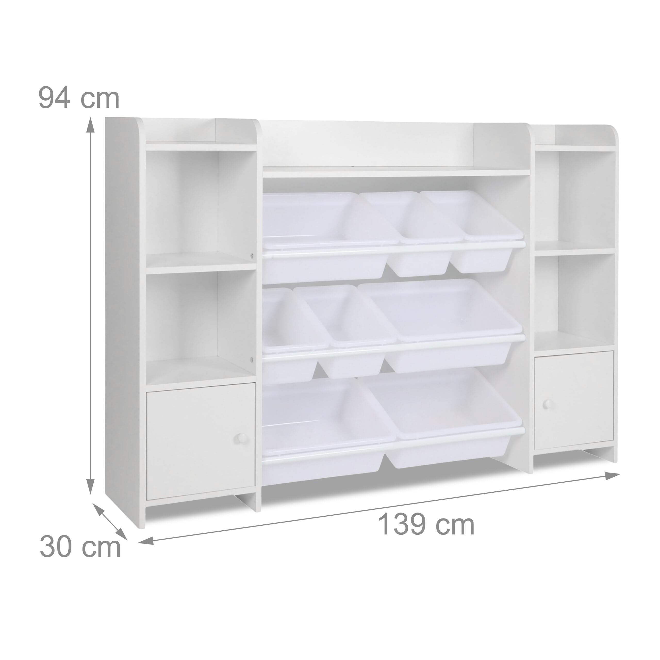 Relaxdays Scaffale Libreria per Bambini, 8 Scatole Portagiochi e Ripiani per Libri, HLP: 94x139x30 cm, MDF e PE, Bianco