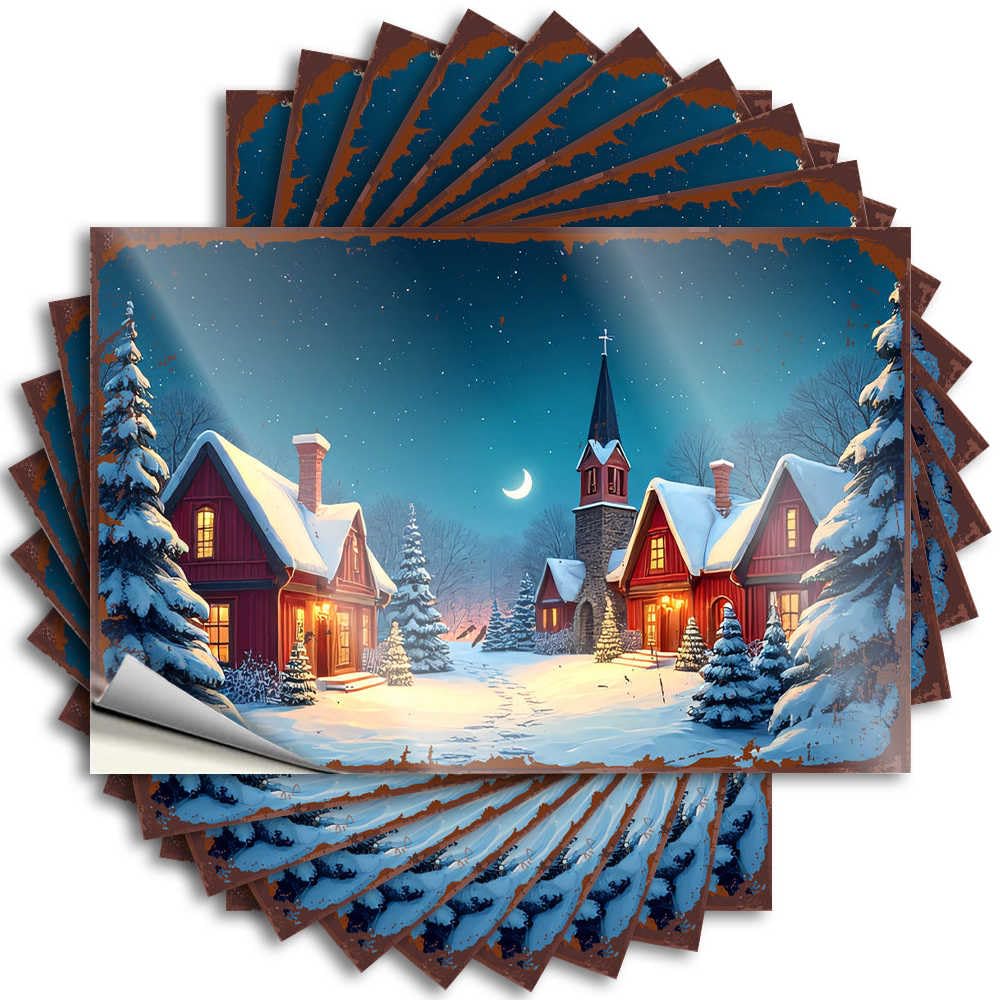 Snowy Winter Village with Warmly Lit Houses Under A Crescent Moon Mens Teens DIY | Snarky Quote Tumbler Removable Vinyl Sticker Decal(8X12CM)