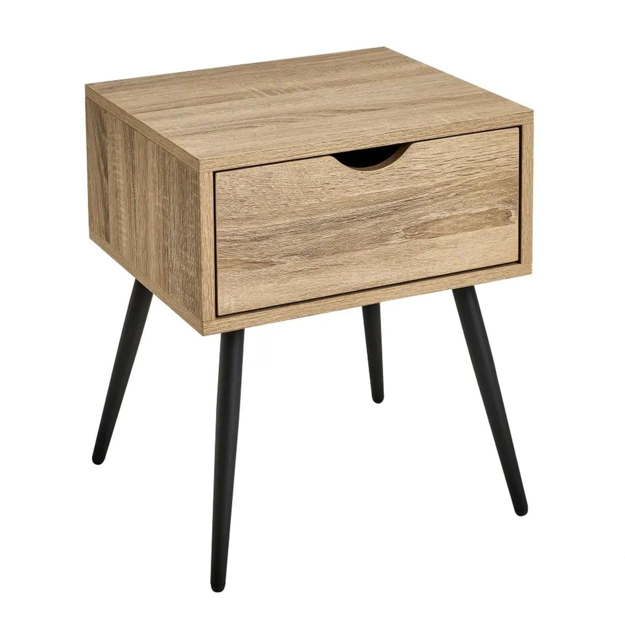 stolik nocny, stolik pomocniczy, 50 cm, komoda nocna z szufladą, naturalne drewno, beżowy, metalowe nogi, konsola nocna, do sypialni, nowoczesny design