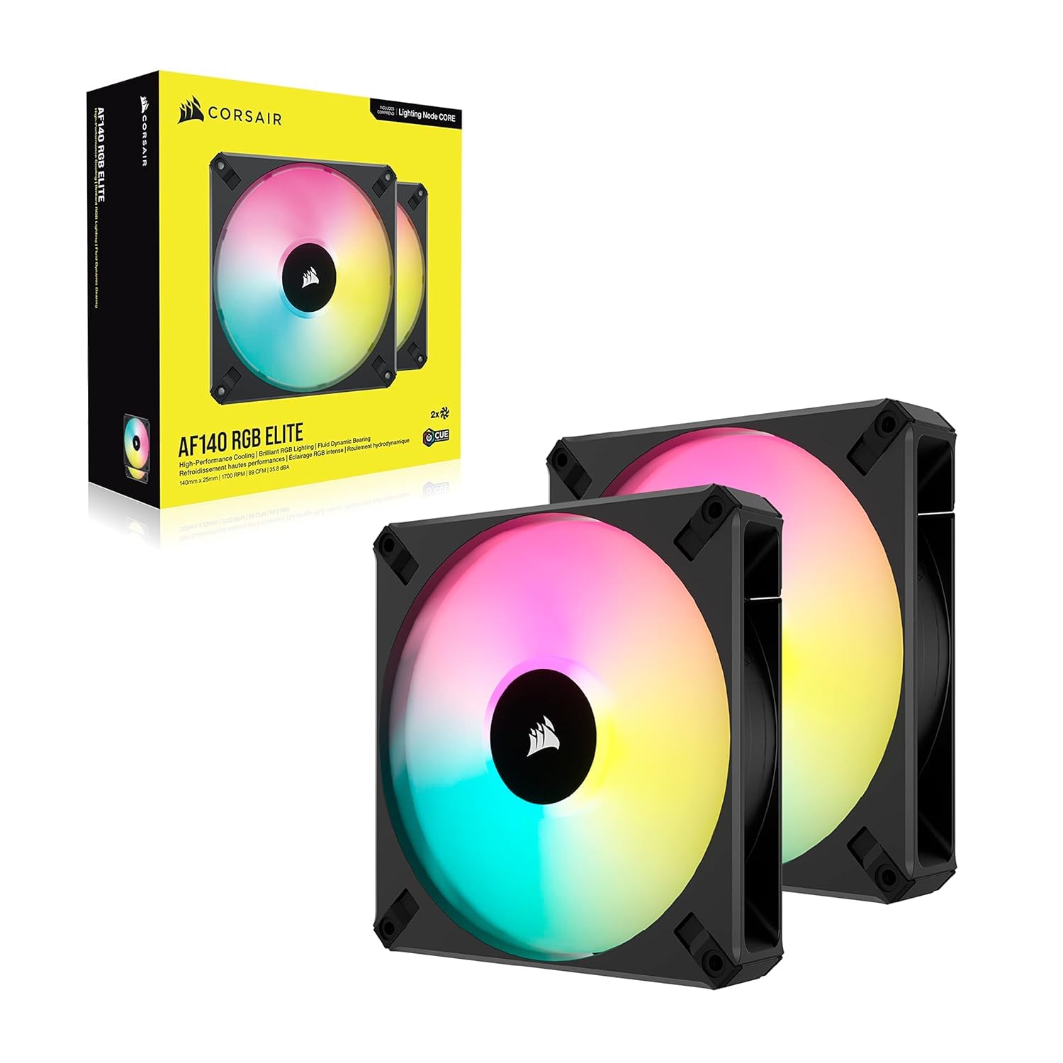 Corsair iCUE AF140 RGB ELITE 140mm PWM Doppelter Lüftersatz - Acht RGB-LEDs Pro Lüfter - AirGuide-Technologie - Fluiddynamisches Lager - Inklusive iCUE Lighting Node CORE Controller - Schwarz