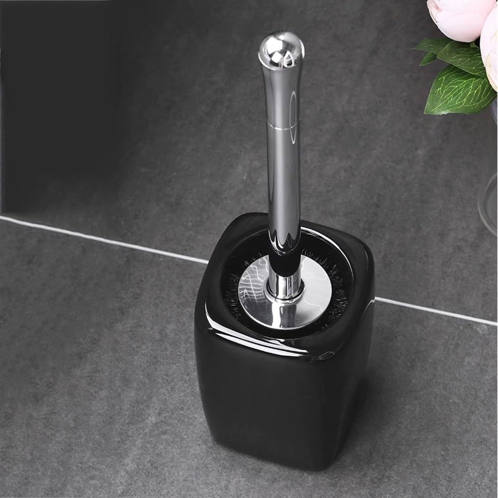 Cepillo para Inodoro Juego de portaescobilla de baño de cerámica Negra Brillante, Cabezal de Cepillo Redondo de pie for Suelo, Cepillo de baño con Mango Chapado de plástico Cepillo de baño