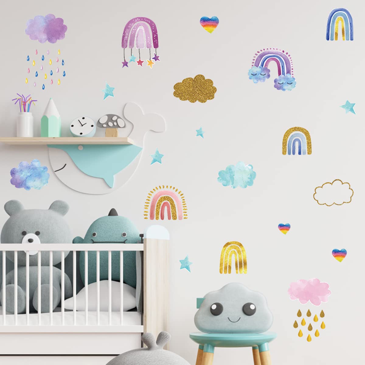 Rainbow Wall Decals Stickers - Kids Room, Nursery, Playroom Decor (22 Rainbows, Sun, Moon, Stars)