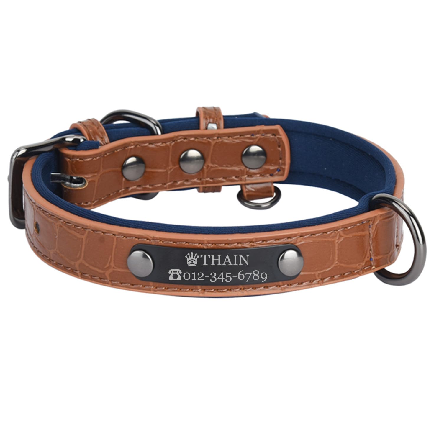 THAIN Personalised Dog Collars microfiber leather with free engraved name plate, neoprene padded Pet Collar for Puppy Small Medium Large Dogs (Brown+Blue, L(neck 14.1"-18.1"))