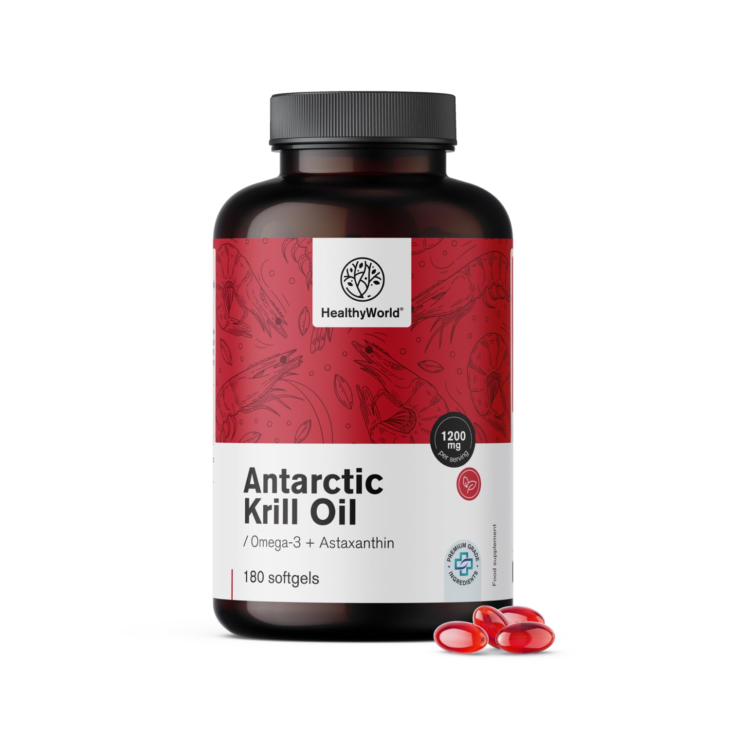 HealthyWorld Olio di Krill 1200 mg - 180 Capsule Molli - Omega-3 + astaxantina - Senza glutine, lattosio e aromi artificiali - Fornitura per 3 mesi - Funzioni cardiovascolari