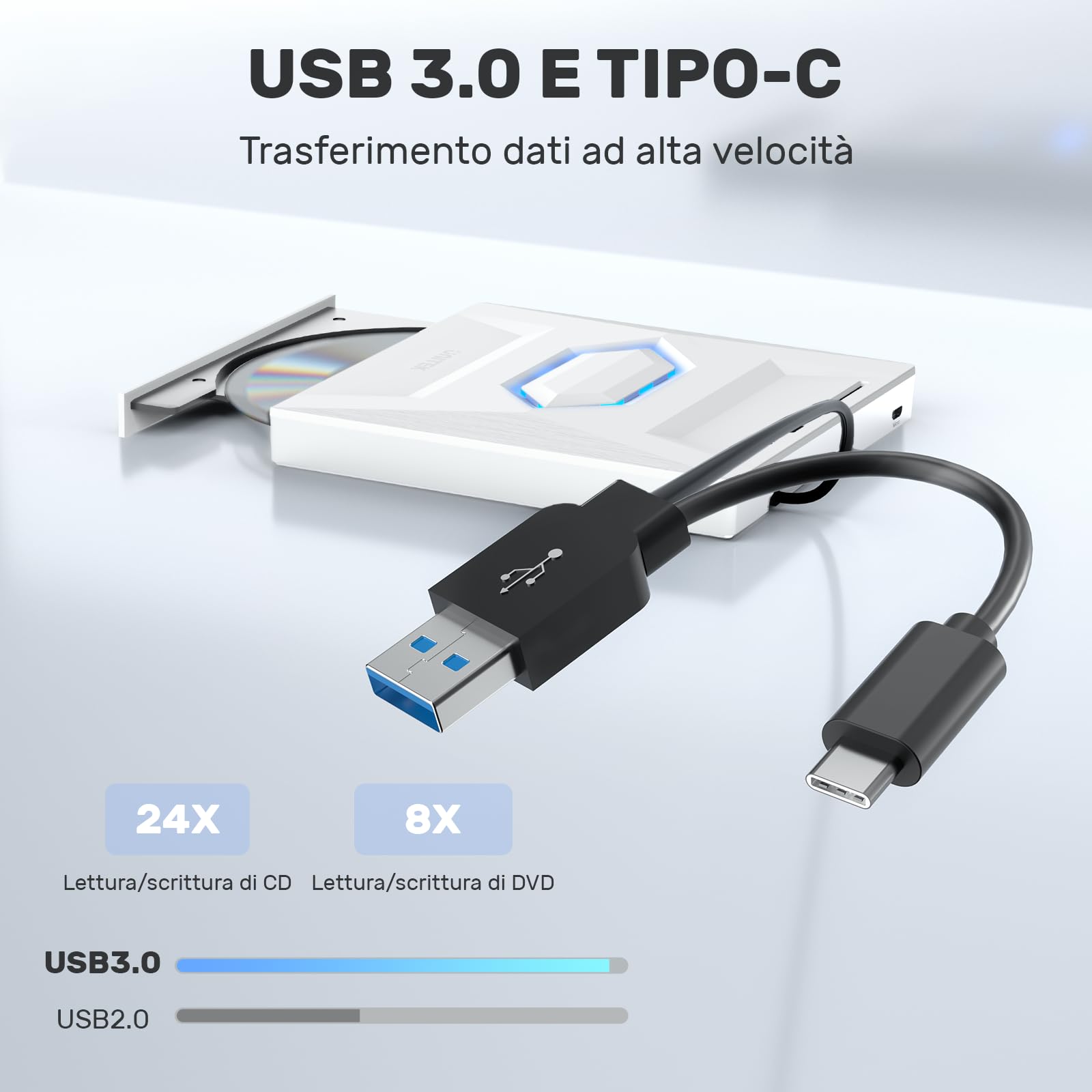 UNITEK Masterizzatore esterno USB 3.0&Type C Unità CD/DVD esterna -/+RW con slot per scheda SD per PC Laptop, Desktop, Portatile, Macbook Pro/Air per Windows 11/10/8.1/7/XP/Vista/Linux/MacOS