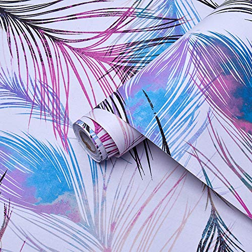 Magicvalley Papel Pintado Autoadhesivo Decorativo de Plumas de Vinilo para Muebles para Paredes, estantes, armarios, cajón, Armario, Mesa extraíble (Multi-púrpura, 45CMX3M)