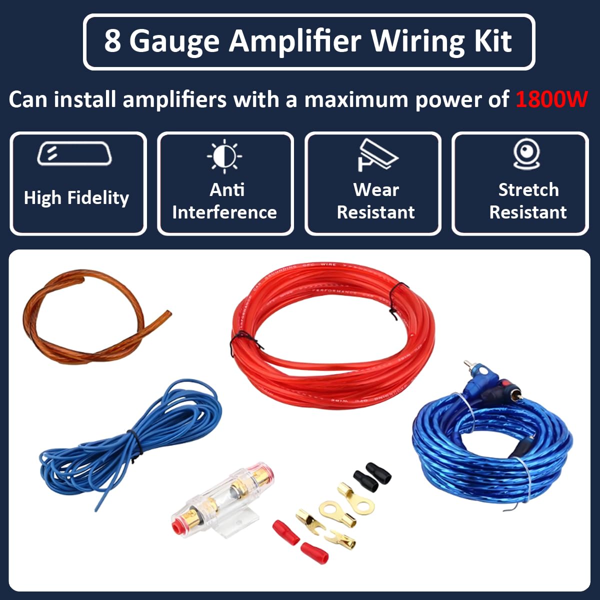 8GA Kit Cavi Amplificatore per Auto 8AWG Set di Cavo per Amplificatori 1800W Cablaggio Completo Ampli Installazione Audio Subwoofer Stereo Connettore Alimentazione RCA