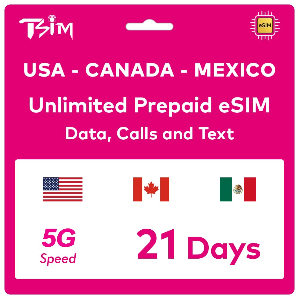 TSIM Prepaid USA eSIM 21 Days | Unlimited 4G/5G High-Speed Data in the USA + 5GB High Speed Data in Canada & Mexico | Unlimited Local Calls + Free Incoming Calls & SMS