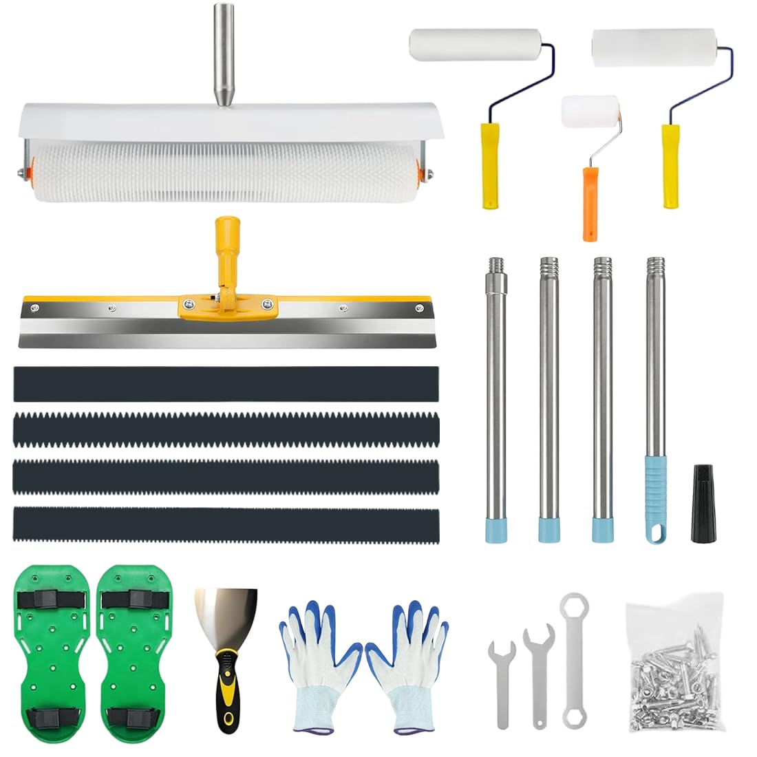 Bodenbeschichtung Entlüftungsroller Set, Stachelwalze Ausgleichsmasse Werkzeug Set, Farbroller, Schaber, Nagelschuhe, Teleskopstange, Handschuh, Glättekelle für Epoxidharz Ausgleichsmasse Boden