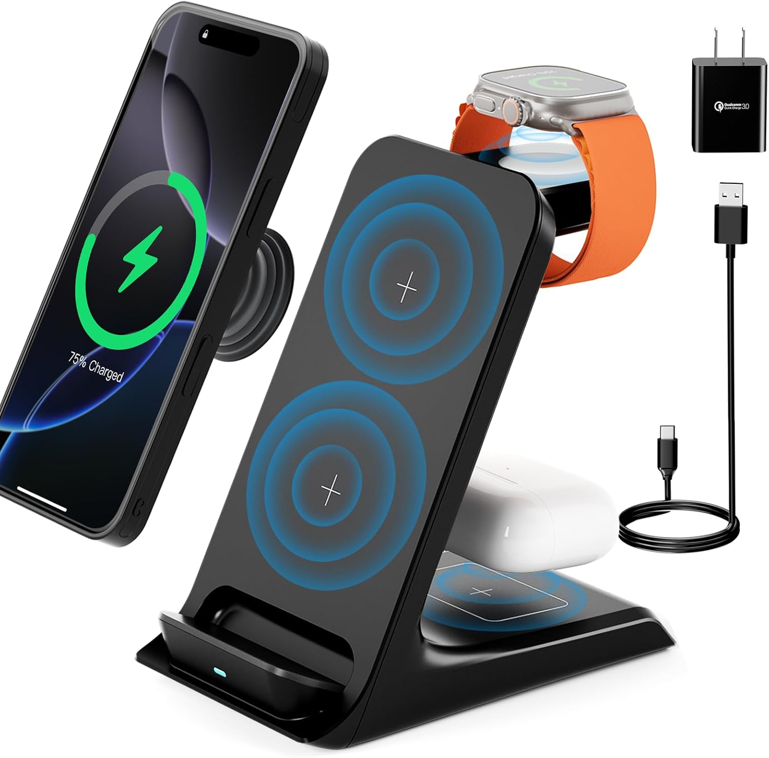 KPON Wireless Charging Station for Popsocket/Otterbox 10MM Compatible, 3 in 1 Wireless Charger Stand for Thick Cases of 0.39 inch, Multiple Devices for iPhone 16/15/14/13/12/11/Apple Watch/Airpods KPON Wireless Charging Station for Popsocket/Otterbox 10MM Compatible, 3 in 1 Wireless Charger Stand for Thick Cases of 0.39 inch, Multiple Devices for iPhone 16/15/14/13/12/11/Apple Watch/Airpods