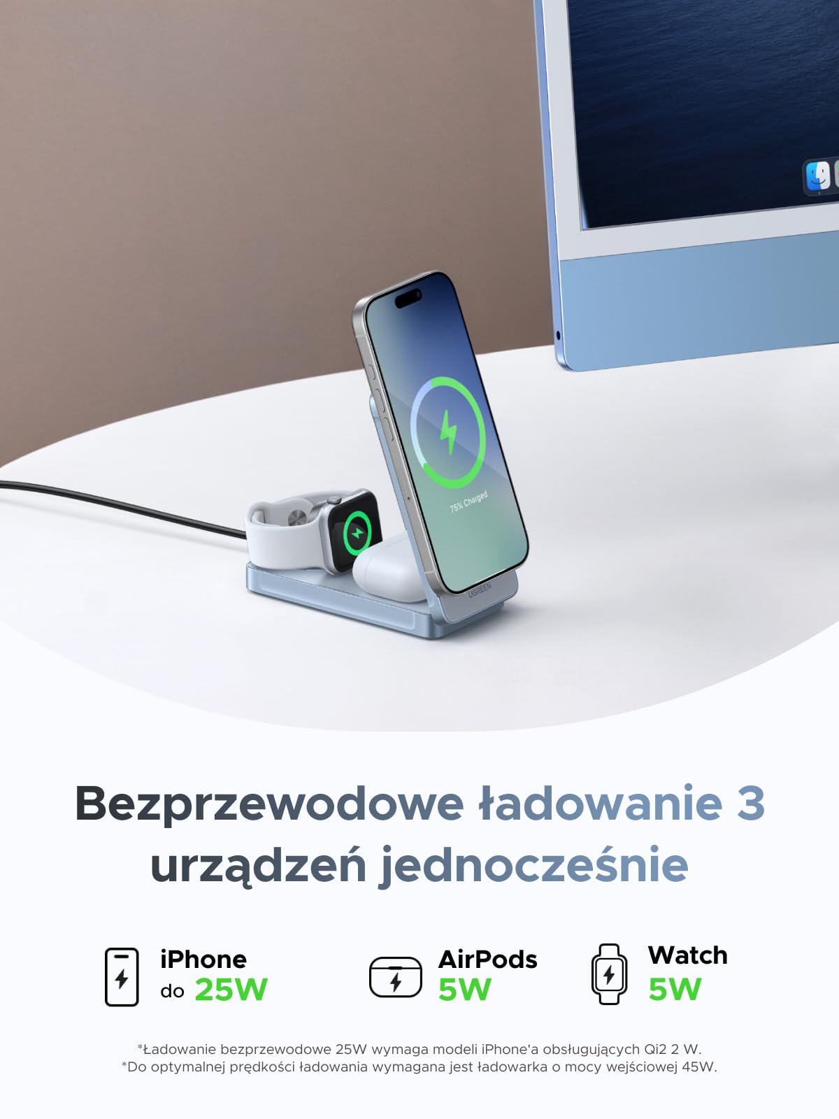 UGREEN MagFlow Qi2 25 W, magnetyczna podkładka ładująca 3 w 1 | Certyfikowana ładowarka bezprzewodowa kompatybilna z iPhone'em 17/16 i AirPodsami, z kablem o długości 1 m