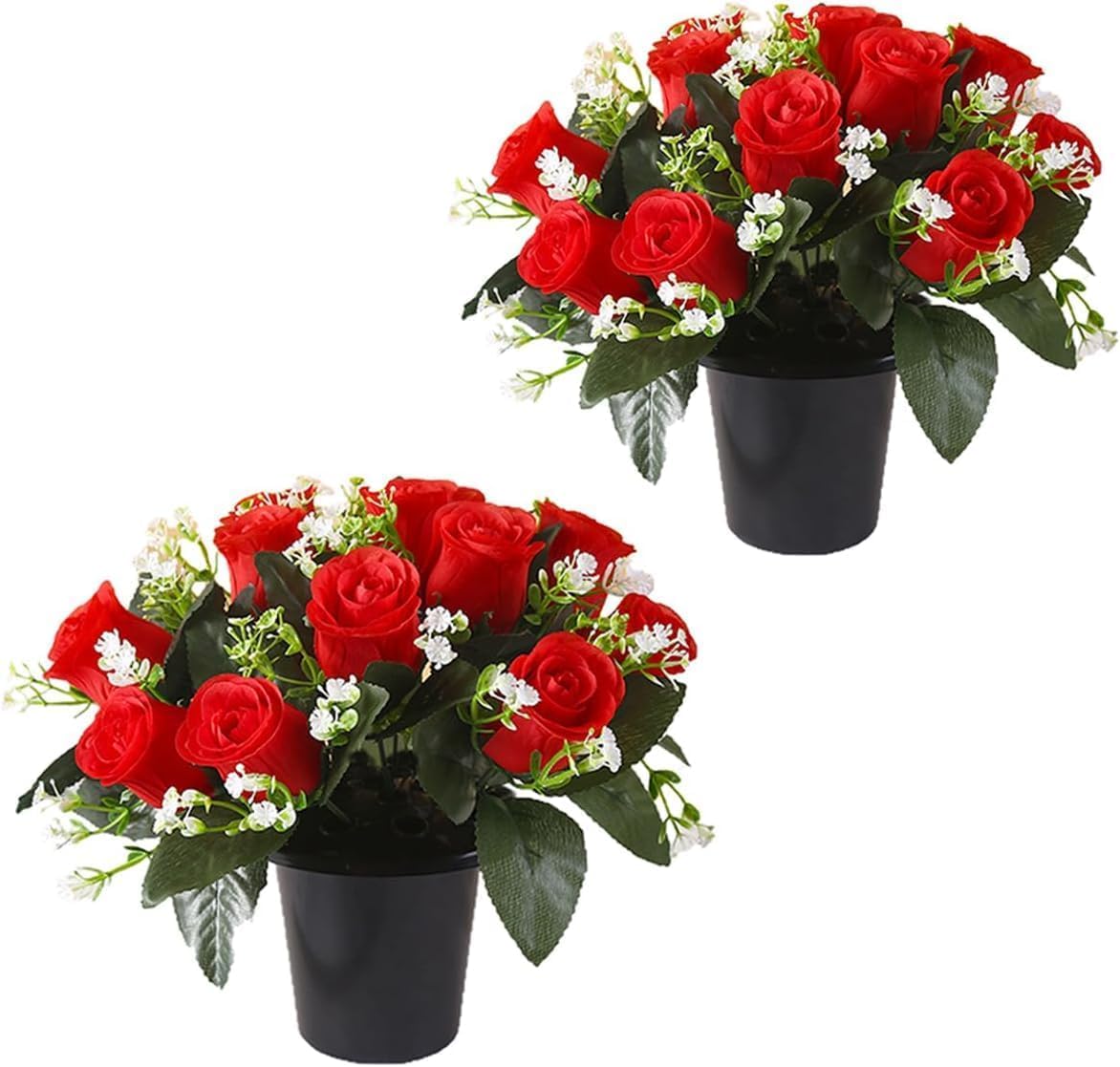 JUTTAUTO 2pcs Grave Flower In Pot 12 Heads Artificial Silk Rose Fake