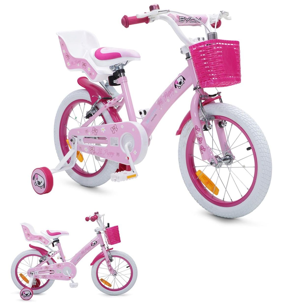 Byox Puppy 16-inch Girls' Bicycle with training wheels, doll seat, and front basket