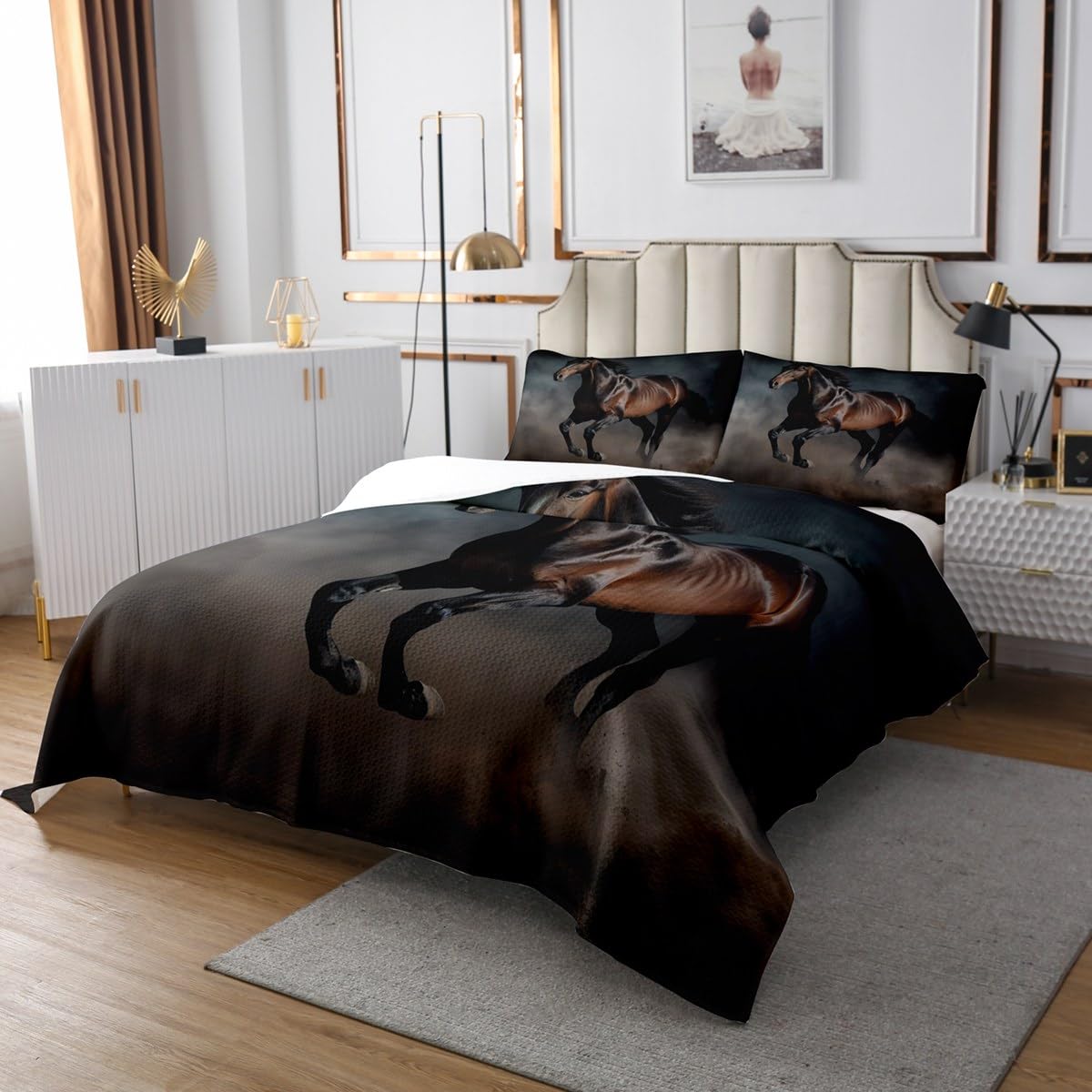 Castle Fairy Wild Horse Coverlet Set Twin Size,Black Brown Wildlife Animals Quilted Coverlet for Kids Children Room,Rustic Farmhouse Style Bedspread 2 Piece Quilt Set with 1 Pillow Sham