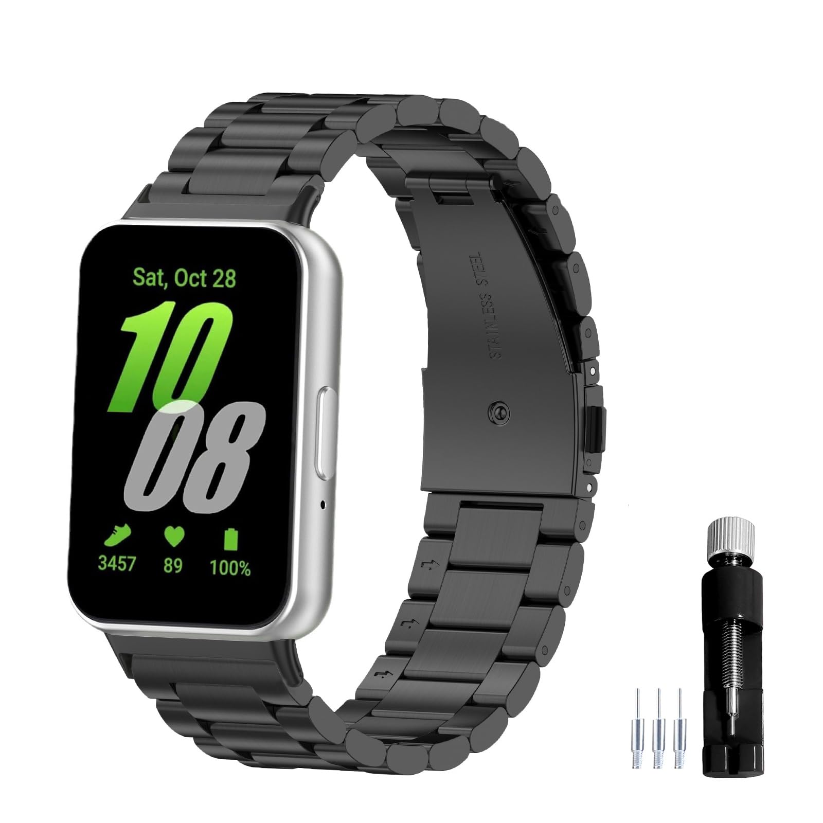 Gheper Metal Watch Band Compatible with Samsung Galaxy Fit 3[2024] SM-R390 Solid Stainless Steel Replacement Watchband Wristband Strap Accessory Bracelet,Black