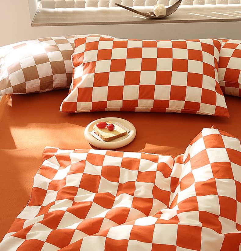 Image of KAREVER Orange White Grid Comforter Set Full Burnt Orange Plaid Bedding Set Girls Reddish White Checkered Bed Blanket Set Kids Breathable Durable Bedding Comforter Set