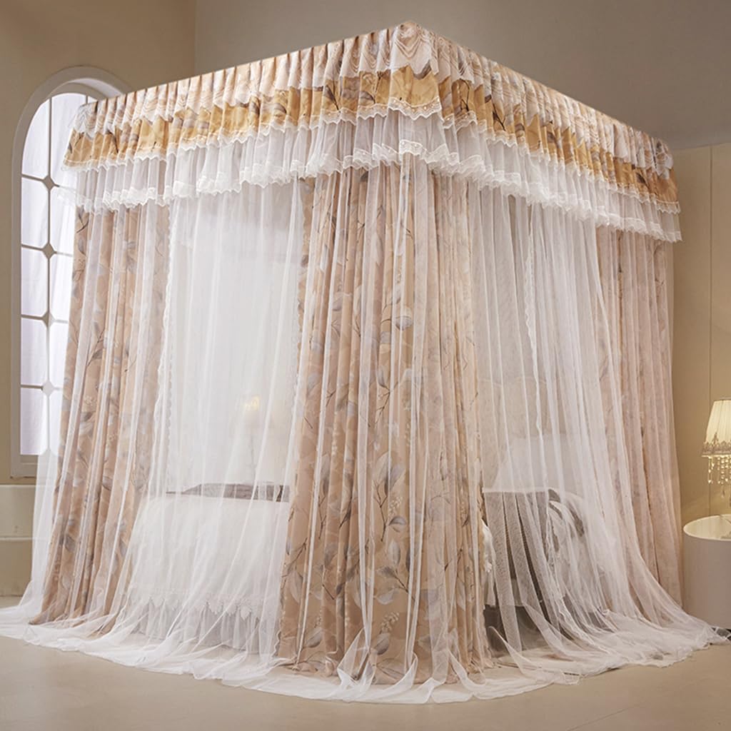Dosel de Lujo con mosquitera para Cama, con 4 Postes en Las Esquinas, para decoración de Dormitorio, 2 en 1, protección Opaca Parcial para Adultos, niñas y niños (Completo, Caqui)