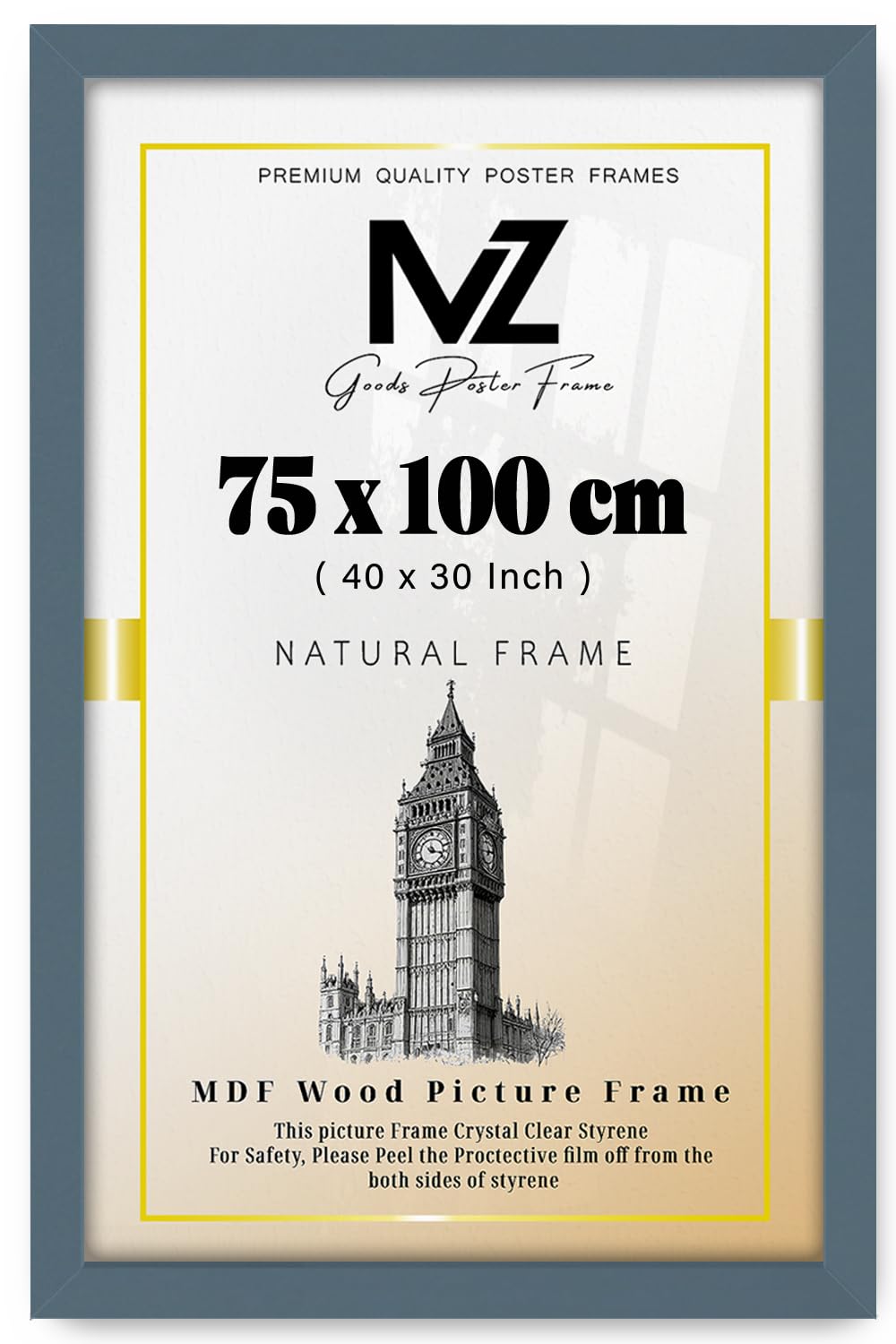 MZ GOODS | MDF Picture Frame (75 x 100 CM) 100 cm x 75 cm for Certificates, Vintage Posters & Wall Gallery, MDF Finish, Easy Wall Mounting Hooks [ Dark Grey ]
