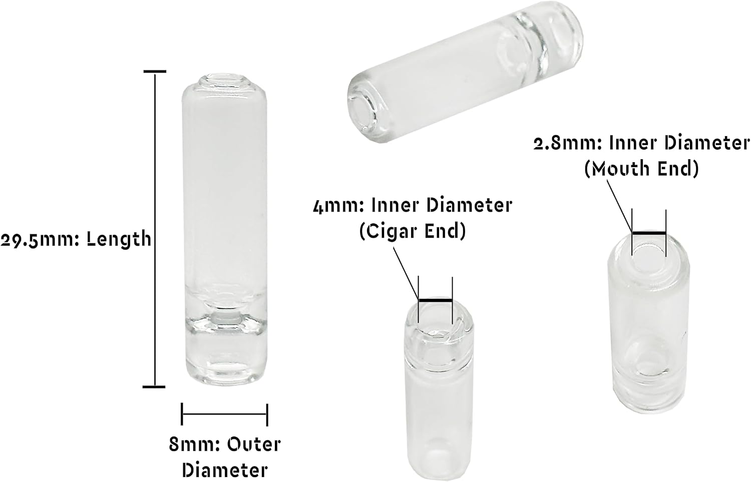 Reusable Glass Mouthpiece – Smooth Tapered Design – Mix – Premium Borosilicate Glass – 12 Pack with Protective Storage Tube (Mix -3 Sizes)