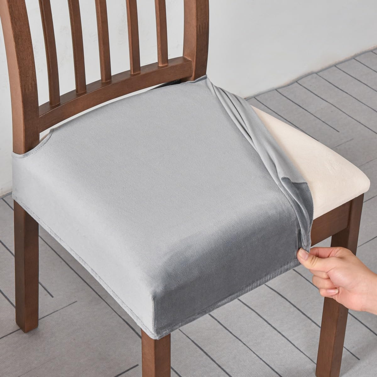 Stuhlhussen 8er Set Hellgrau Stuhlbezug Sitzfläche Spandex Stretch-Sitzbezug Stuhl,Abnehmbar und Waschbar,Küche Stuhlbezüge Esszimmer Stuhl Überzug Stuhl Bezug Hochzeit