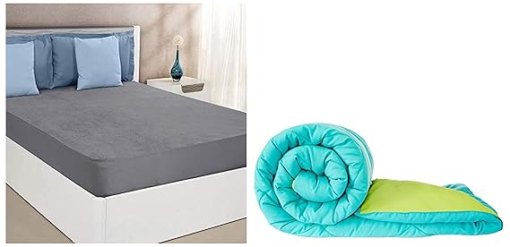 Amazon Brand - Solimo Microfiber Reversible Comforter, Double (Aqua Blue & Olive Green, 200 GSM) Water Resistant Cotton Mattress Protector 78