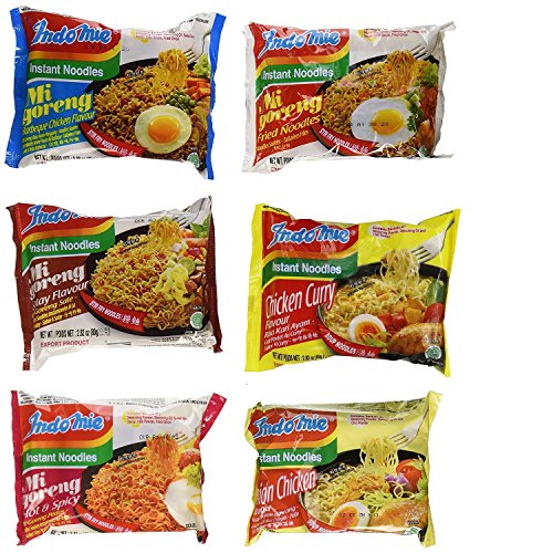 Indomie Variety Pack - 1 Case (30 Bags) - BBQ, Satay, Hot Spicy, Fried Noodles, Curry & Onion Chicken