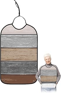 BOBOWUNY Brown Grey Ombre Adult Bibs for Elder Women Men Eating, Beige Farmhouse Retro Wooden Striped Waterproof & Washable Bibs for Eating Clothing Protector Dining Bibs for Crumb Catcher