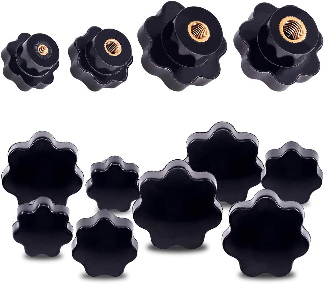 Swpeet 32Pcs M4 M6 M8 M10 7 Star Knob Female Thread Nut Clamping Knob Grip Assortment Kit, Star Shape Hand Knobs Black Plastic Screw-On Handle Clamping Knob for Mechanical Equipment
