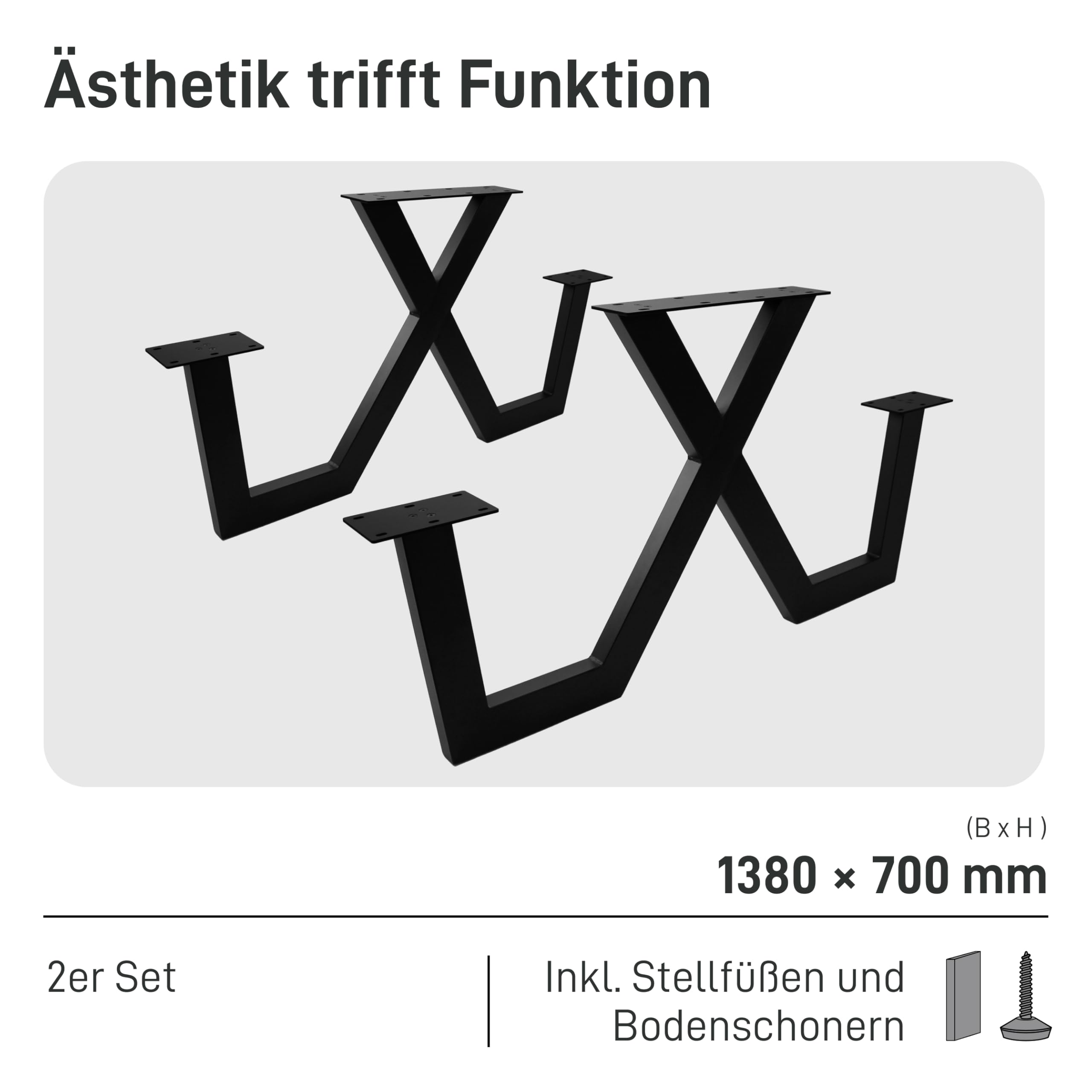 Natural Goods Berlin Sitzgruppe X-Form - DIY Bierzeltgarnitur 2X Tischbeine Metall Schwarz mit Bank - Picknicktisch Sitzgarnitur Outdoor - Tischkufen Bank mit Tisch - Stahl Tischfüße 138 cm x 70 cm