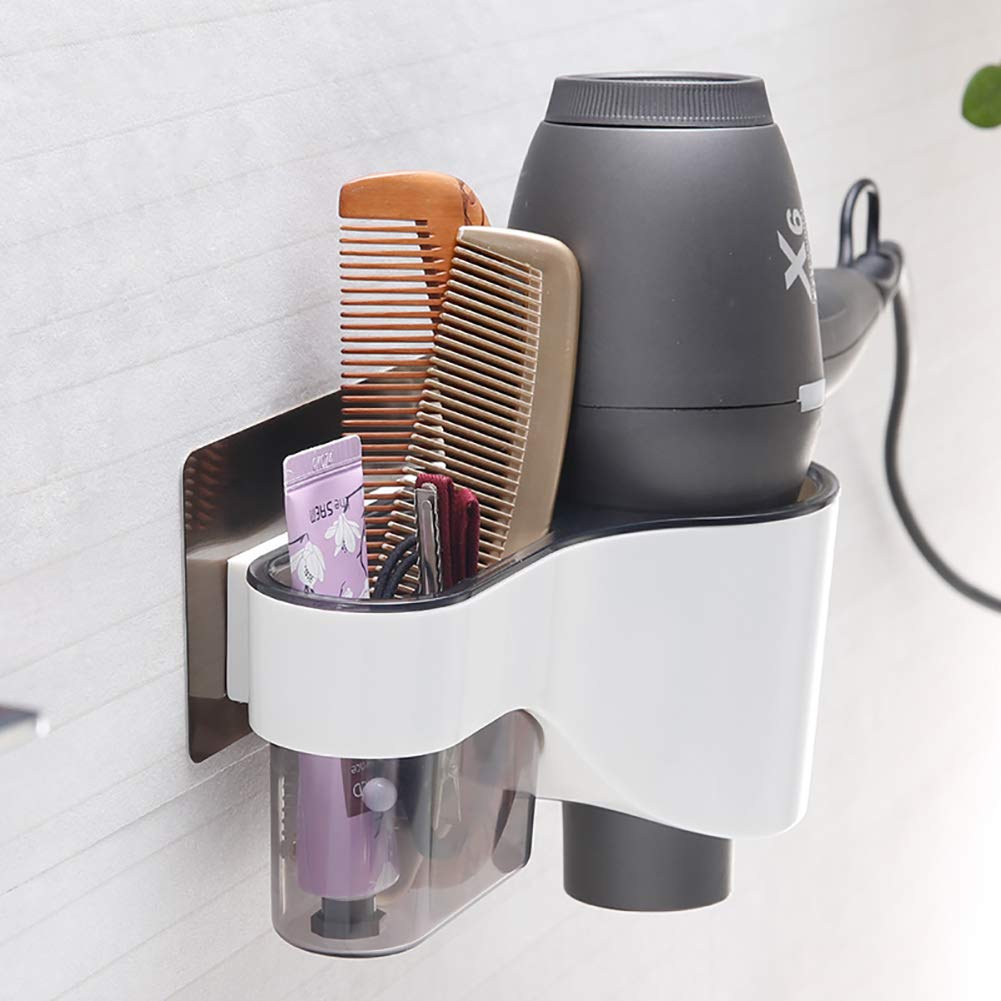Support Mural Sèche-cheveux Sans Perçage - Bouche En U, Blanc - Aluminium Spatial, Rangement Fil Inclus - 7