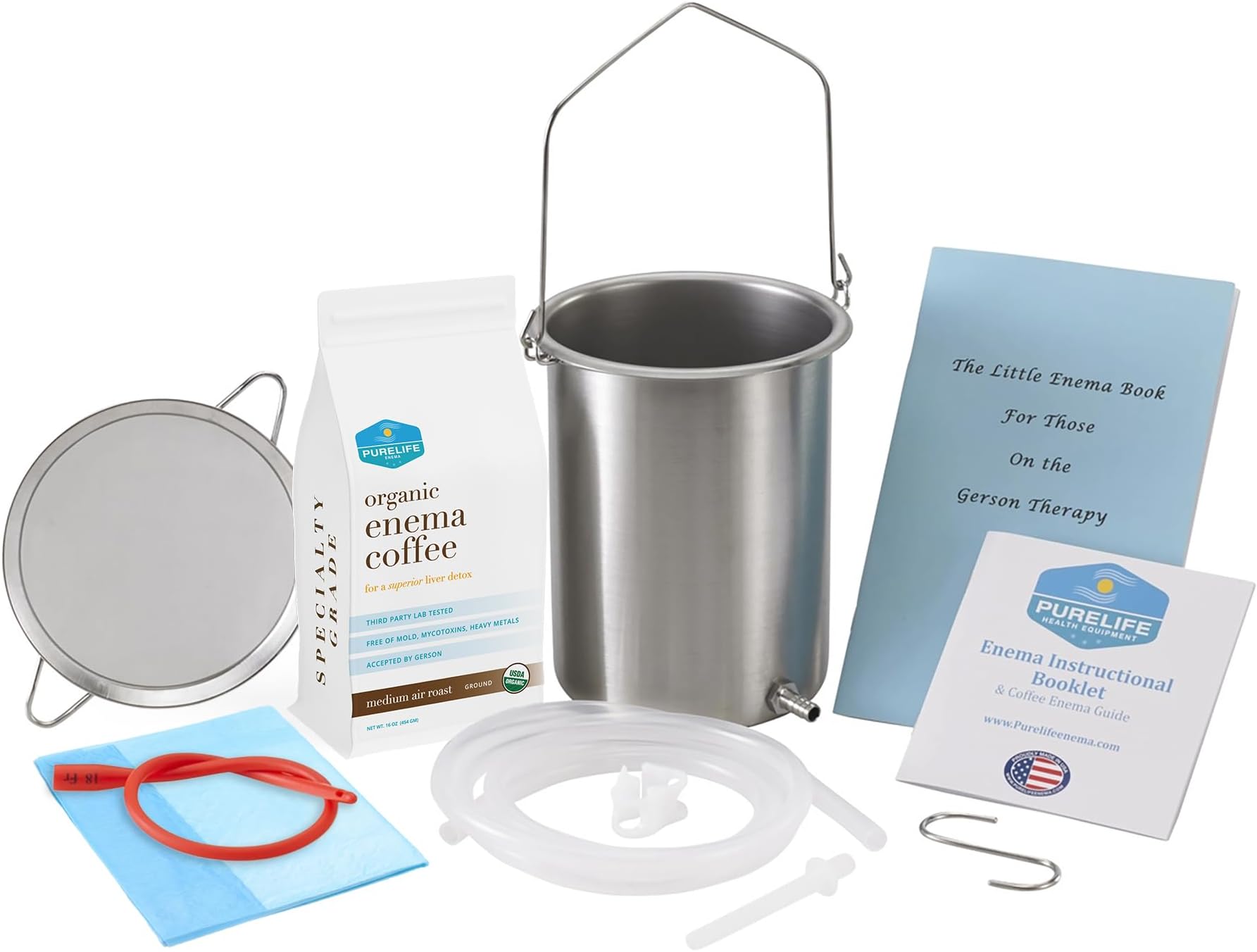 Purelife Coffee Enema Kit - Made in USA - All You Need - 2 QT USA Made Bucket - 1 lb Purelife Enema Coffee - Strainer