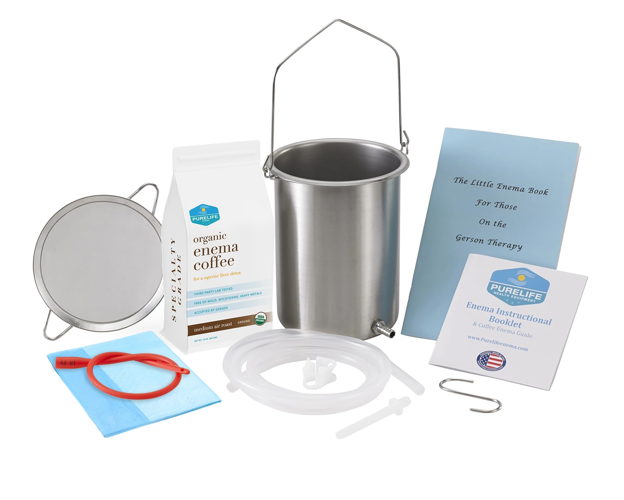 Purelife Coffee Enema Kit - Made in USA - All You Need - 2 QT USA Made Bucket - 1 lb Purelife Enema Coffee - Strainer
