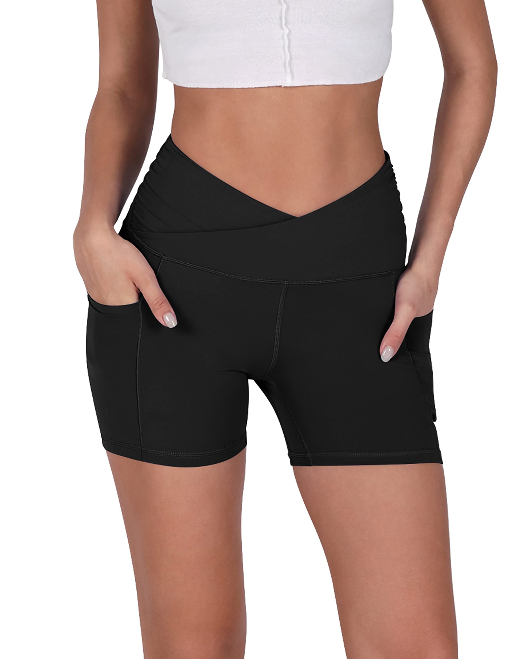 ODODOSGathered Cross Waist Yoga Shorts for Women, 5" Crossover Sports Athletic Workout Running Biker Shorts