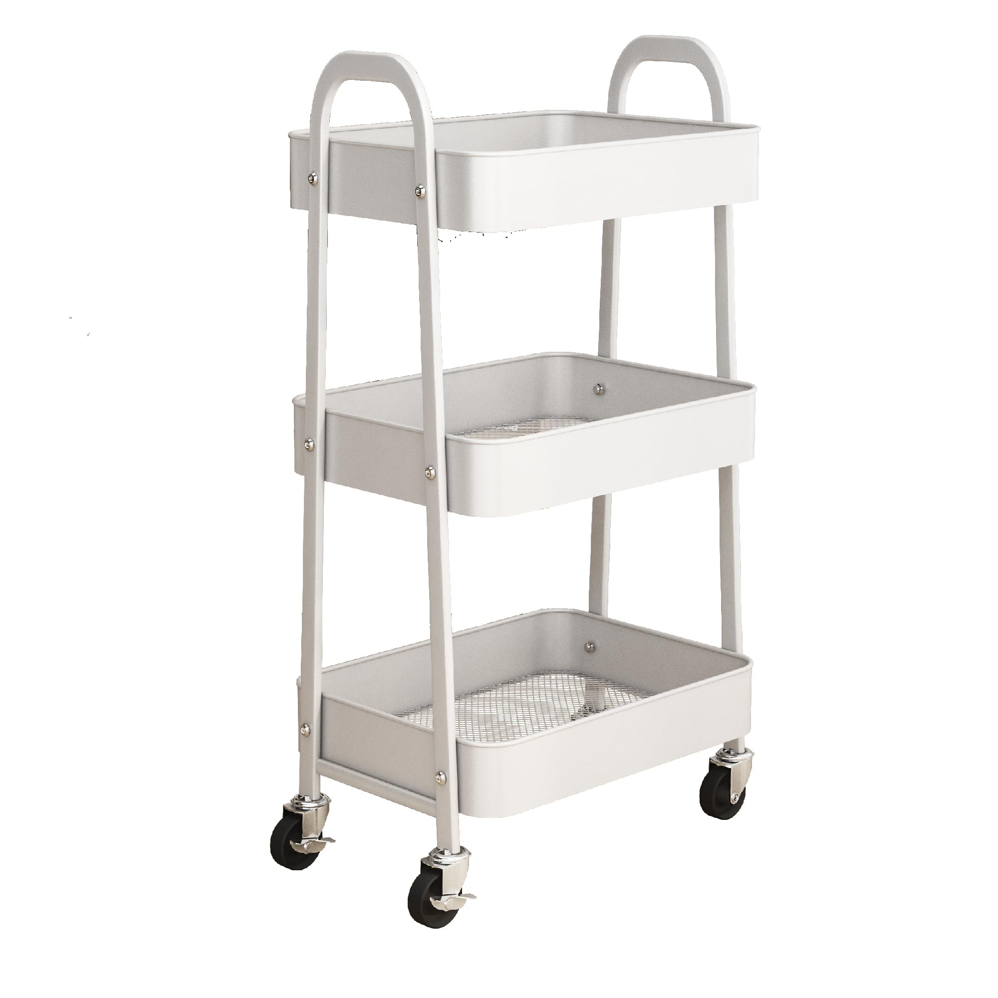 Simpa Cream 3 Tier Metal Multipurpose Wheeled Storage Tray Cart - 78.5Cm (H) X 46Cm (W) X 30.5Cm (D)