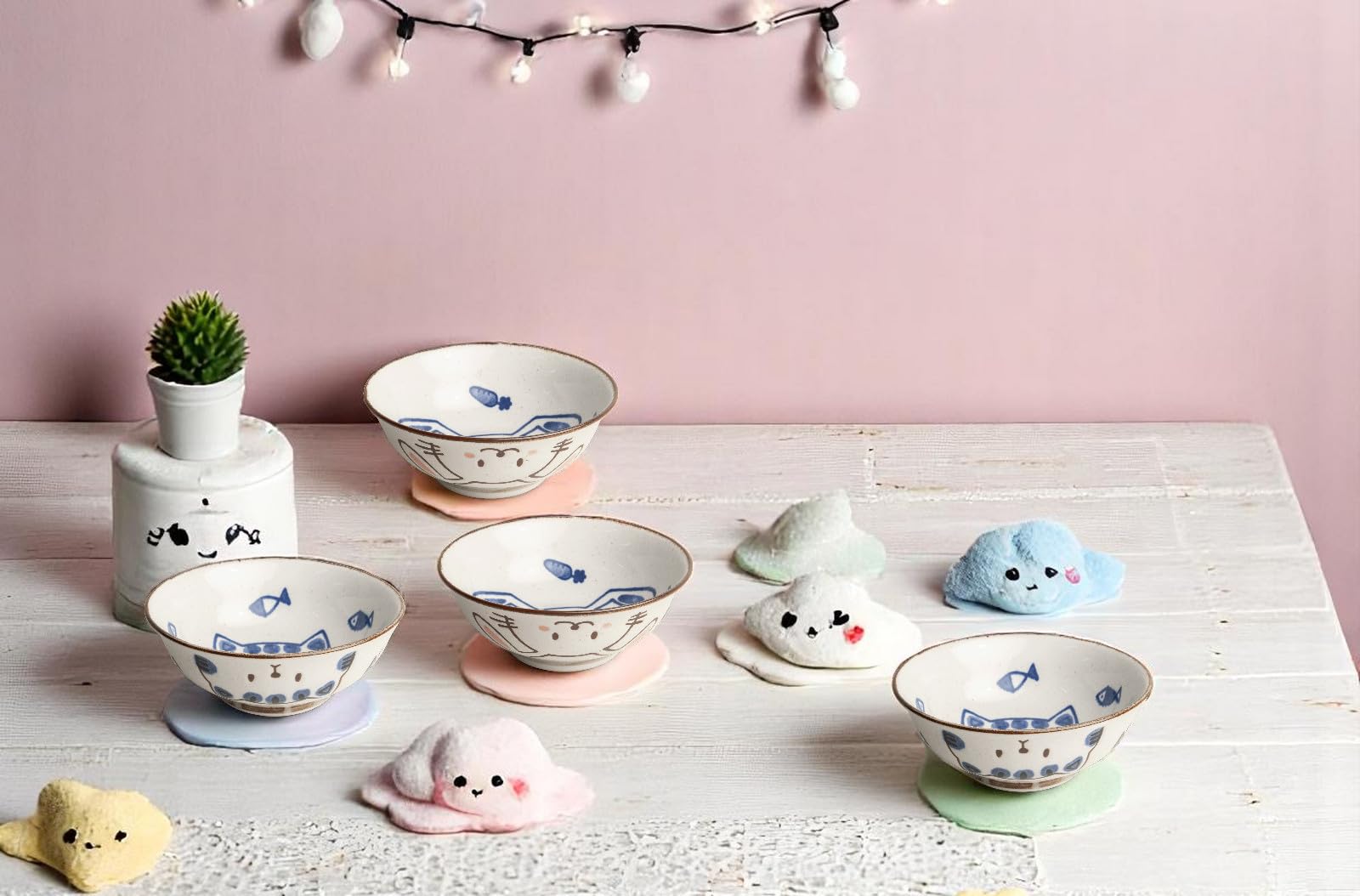 Kawaii Bowl Japan - Ramen Bol en porcelaine 20 cm - Bol conçu avec amour de style kawaii japonais - Passe au lave-vaisselle - Design : chat, lapin ou lot de 2 (lot de 2 bols mixtes chat et lapin)