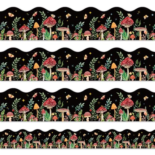 Whaline 32.8ft Mushroom Bulletin Board Borders Woodland Mushroom Thicket Butterfly Die-Cut Rolled Border Trim for Classroom Office Chalkboard Decoration
