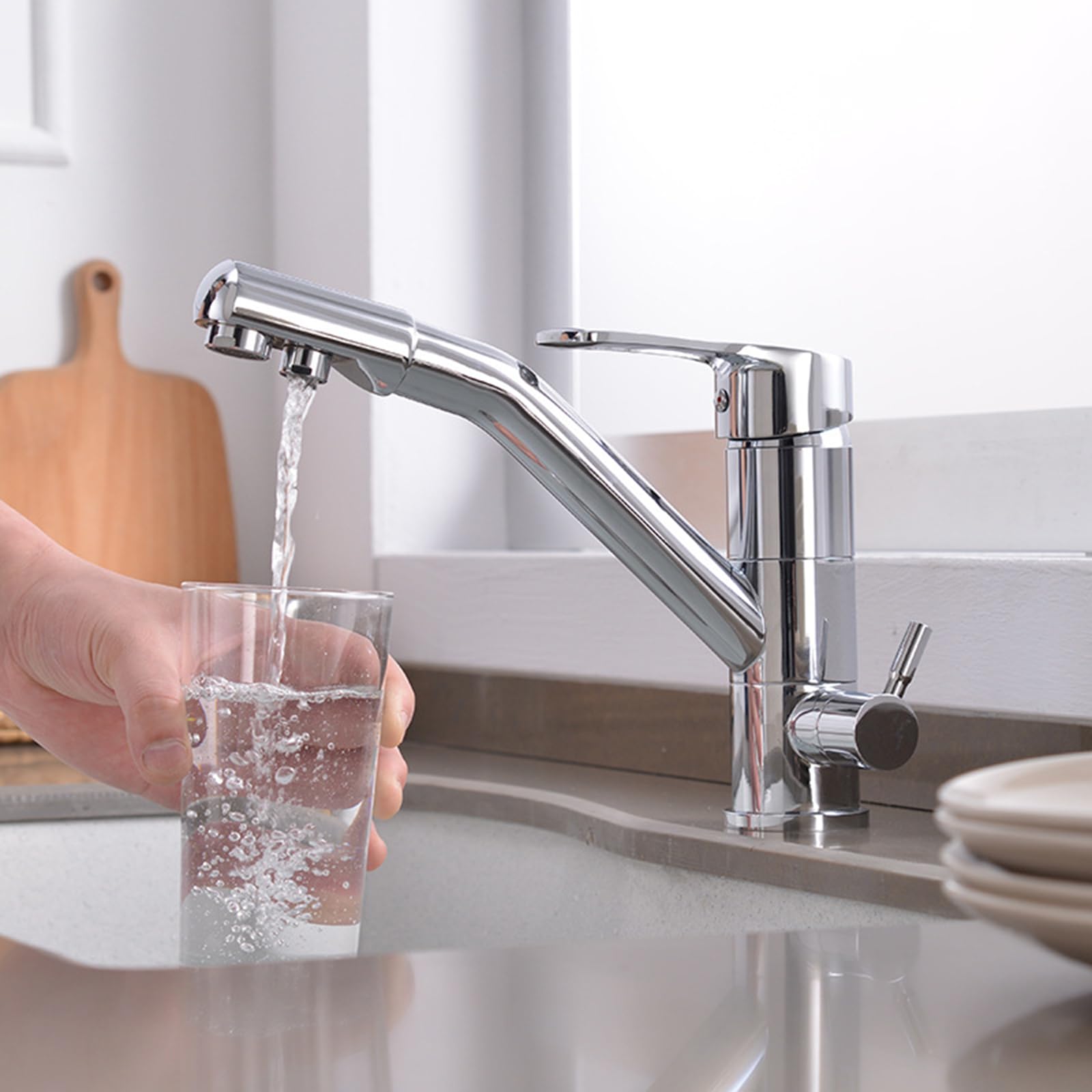Mitigeur Cuisine 3 Voies Osmoseur Pivotant Robinet D'Évier de Cuisine Laiton 3 en 1 Robinet 3 Voies Cuisine-Chrome