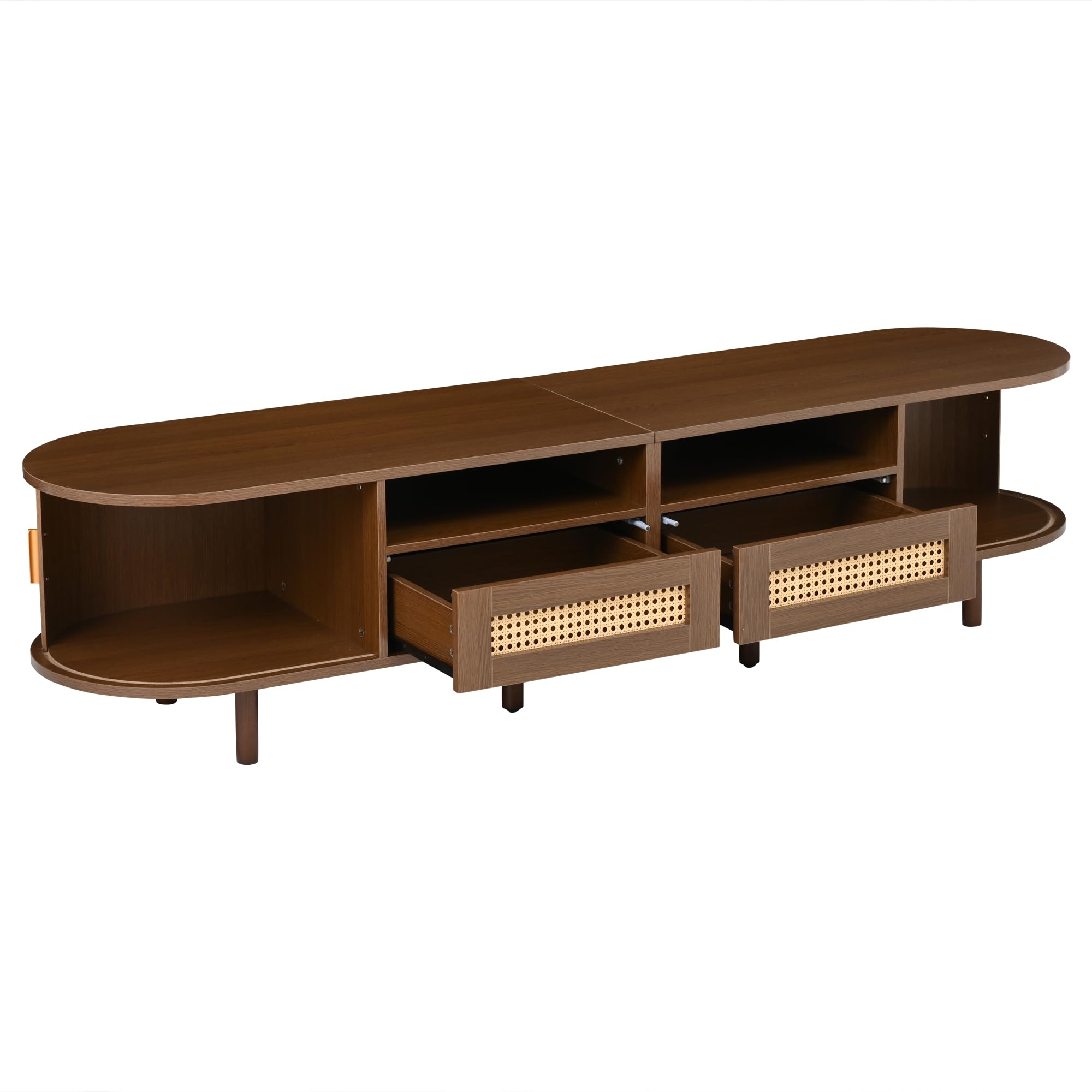 SACOOL Supporto per TV ovale e tavolo per TV, 170 x 40 x 40 cm, mobile TV con 2 cassetti design in rattan, 2 ante scorrevoli, lowboard fino a 70 pollici, tavola TV e cassettiera TV, noce