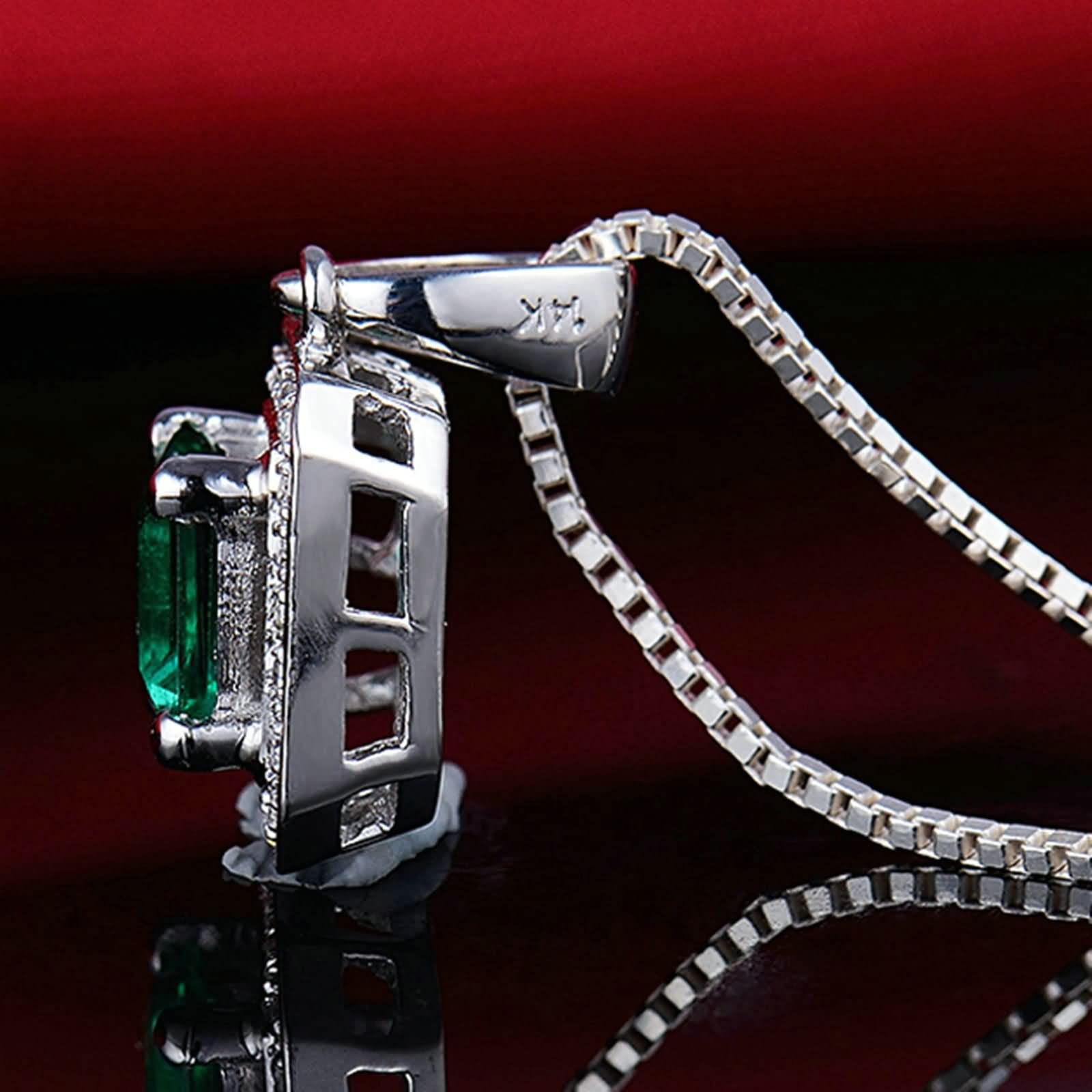 Echtgold Kette mit Anhänger, Halskette Anhänger Gold 14 Karat Quadrat Form mit Diamant und Smaragd 0.52ct Halskette