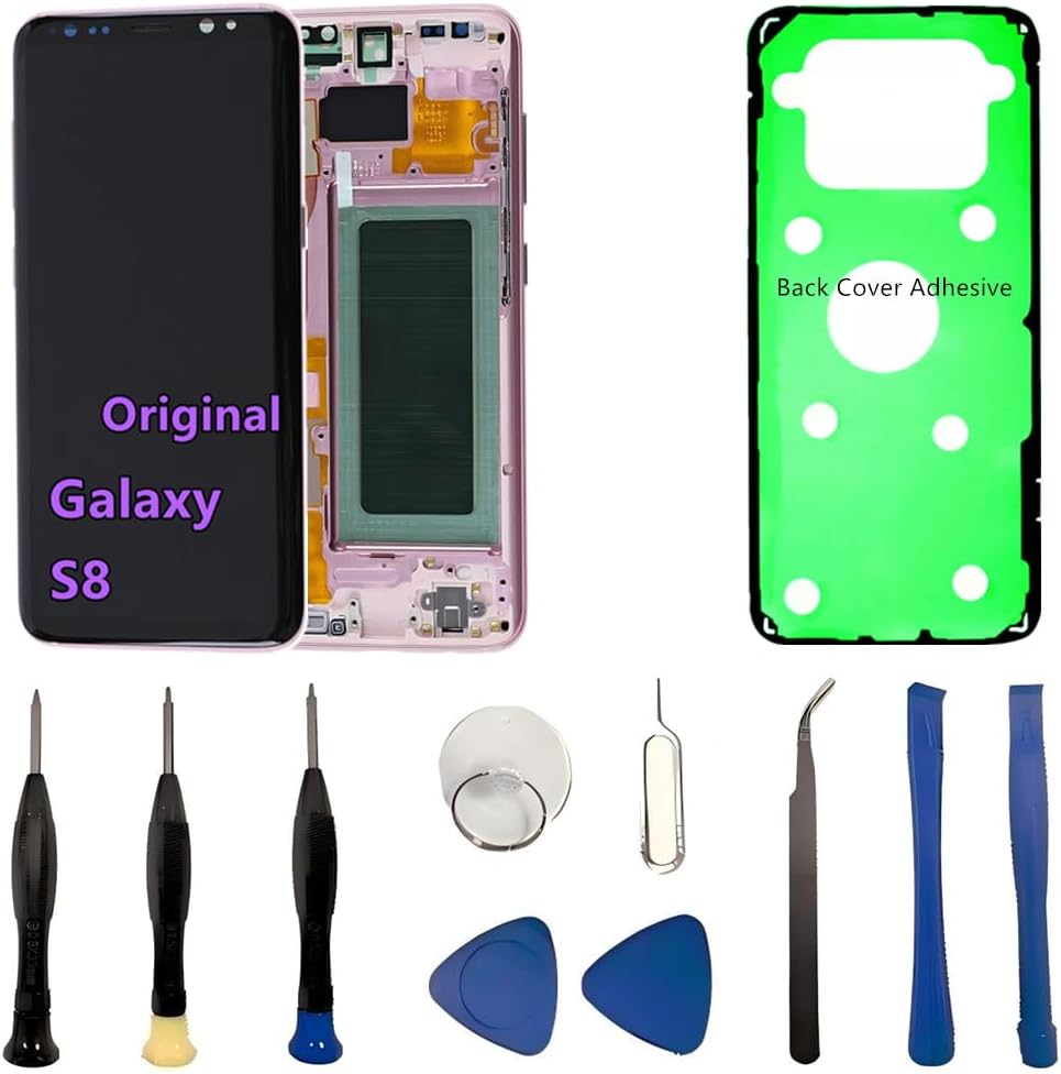 Original 5.8" AMOLED Display for Samsung Galaxy S8 Screen Replacement OEM S8 SM-G950U SM-G950F Display Touch Screen Digitizer Assembly (with Blue Frame+Back Cover Adhesive+Tools)