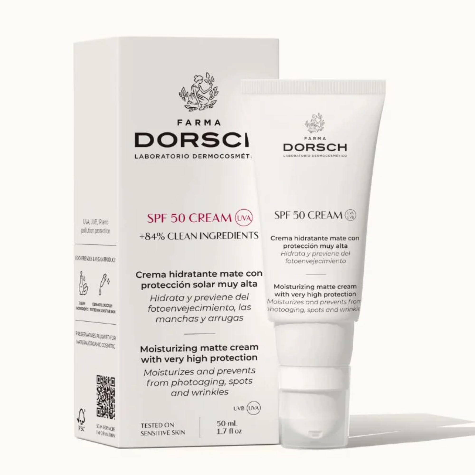 FARMA DORSCH - Crema Facial SPF 50 con Protección 360° | Hidratante, Antiedad y Antimanchas | Acabado Mate | Con Zinc, Bisabolol y Manzanilla | 50 ml
